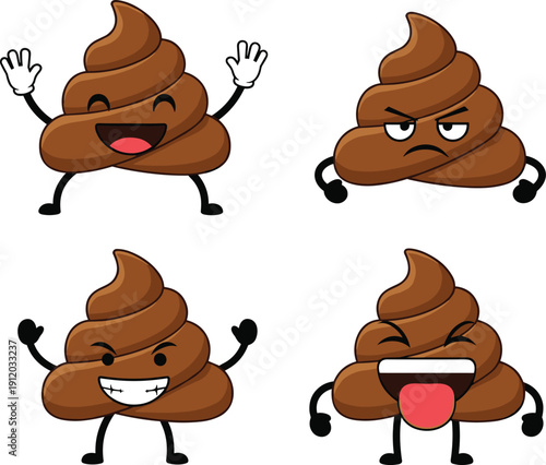 Funny Poop Emoji Character Set with Different Facial Expressions Including Happy Angry Silly and Excited for Social Media Stickers Mascot
