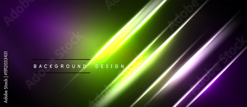 Abstract neon lines create dynamic gradient background. Purple transitions to vibrant green, sleek modern design. Text reads background design.