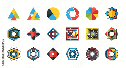 Collection of geometric shapes with vibrant colors and intricate designs