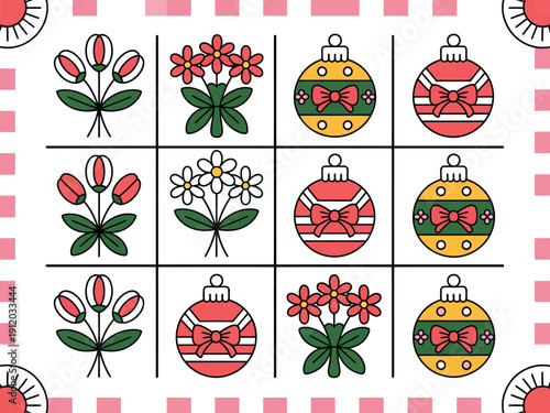A festive holiday tic-tac-toe board with ornaments and flowers on a white background