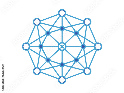 A geometric network diagram with interconnected nodes and lines on a white background