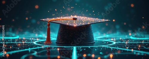 Graduation cap with glowing particles sits on digital circuit. Futuristic education concept visualizes AI tech, online learning, and smart study. Future knowledge gains, digital diploma.