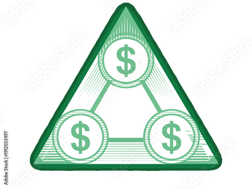 A green triangle with three dollar sign coins representing financial stability and growth.