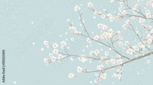 Dreamy White Sakura Cherry Blossom Branch Vector Background with Floating Petals and Spacious Copy Space for Elegant Spring Posters