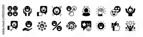 Emoticon and emoji icon set for social media. Contains smile face, happy, satisfied, sad, passion, love, thumb up, five stars rating review, celebrate and angry expression. Vector illustration