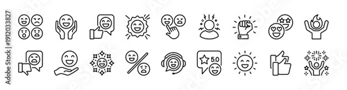 Emoji and emoticon icon set for social media. Contains smile face, happy, satisfied, sad, passion, love, thumb up, five stars rating review, celebrate and angry expression. Vector illustration
