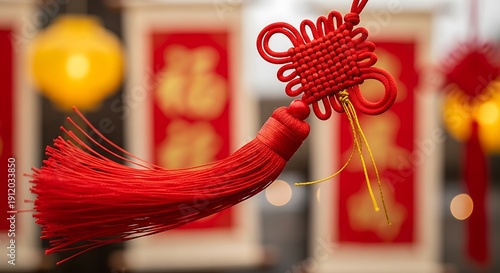 Wallpaper Mural Red Chinese knot with tassel hanging in front of festive red banners and lanterns Torontodigital.ca