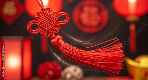 Wallpaper Mural Red Chinese knot with tassel hanging against a festive background featuring lanterns and decorative elements. Torontodigital.ca