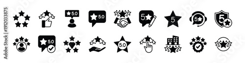 Five stars customer rating review icon vector set. Contains feedback, satisfaction, experience, quality, comment, response, testimonials for service, support, survey, hotel, security, skill