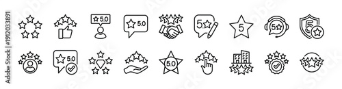 Five stars customer rating review icon set. Contains feedback, satisfaction, experience, quality, comment, response, testimonials for service, support, survey, hotel, security, skill. Vector