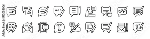 Write comment thin line icon set. Contains feedback, review, opinion, suggestion, response, message, reply, quote, mail, text, report, assessment, conversation. Vector illustration