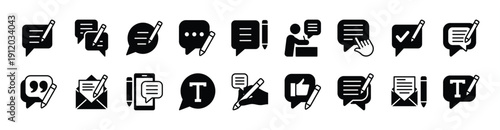 Write comment icon vector set. Contains feedback, review, opinion, suggestion, response, message, reply, quote, mail, text, report, assessment, conversation - illustration