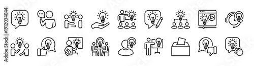 Suggestion thin line icon set. Contains advice, proposal, giving good idea, box, discussion, support, guide for problem solving. Vector illustration