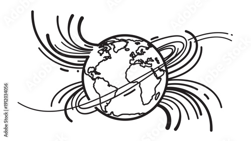 Stylized globe surrounded by flowing swirls representing global connectivity and environmental harmony.