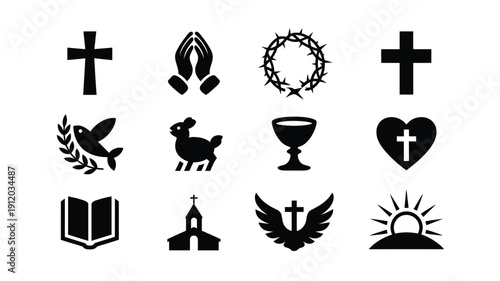Christianity symbols collection including crosses dove lamb challice heart with cross holy book church wings sunrise on hill