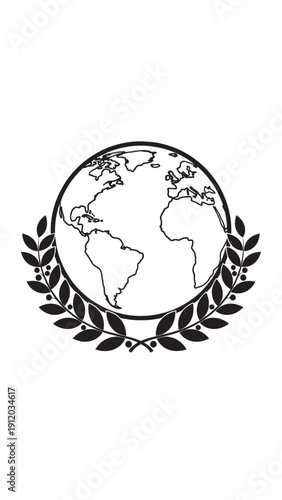 Global Earth Emblem with Laurel Wreath Symbolizing Environment and Unity.