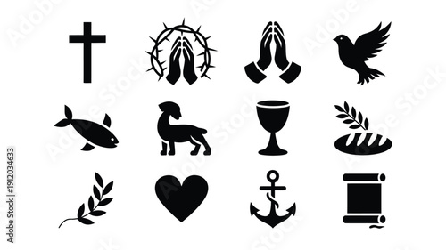 Collection of 12 black christian symbols and icons on white background including cross praying hands dove fish lamb wine cup bread heart anchor and book for design and religious purposes