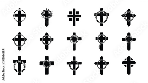 Collection of various celtic and christian cross symbols in black on white background for design and religious use