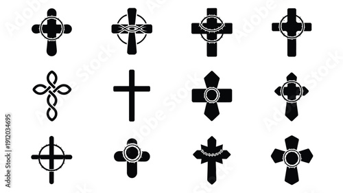Collection of twelve unique black cross symbols with various designs and patterns on a white background showcasing different styles and motifs