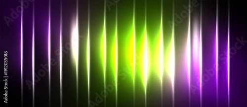 Abstract vertical lines, vibrant colors blend. Green dominates center, purple flanks sides. Light radiates, creating dynamic visual effect.