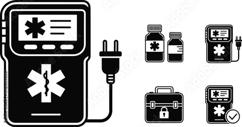Medical emergency defibrillator icon, healthcare equipment silhouette, medicine bottles, first aid kit, hospital supplies, emergency response illustration