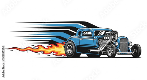 Vintage Blue Hot Rod Car Racing.