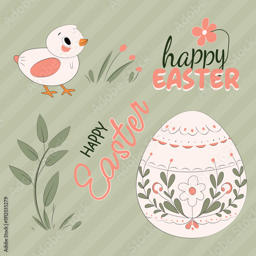 Easter Design Elements Vector Illustration Set Isolated on a Pastel Green Striped Background