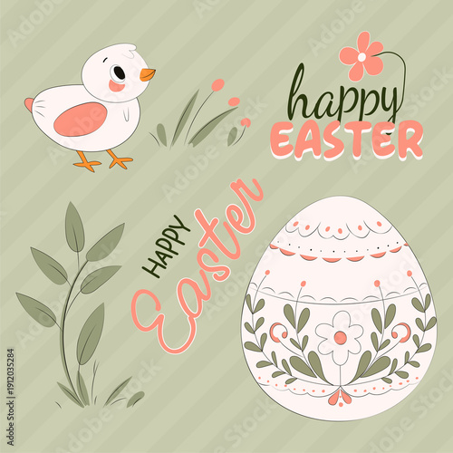 Easter Design Elements Vector Illustration Set Isolated on a Pastel Green Striped Background