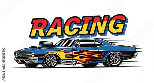 Vintage Blue Muscle Car Racing Illustration.