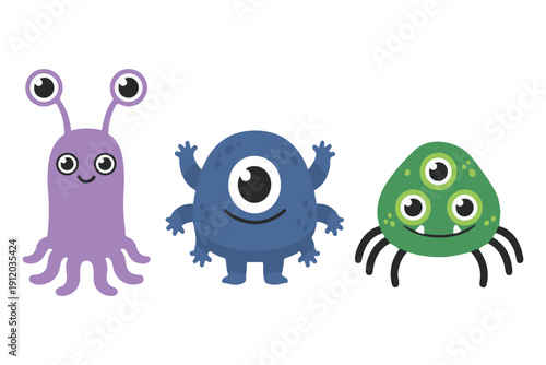 Cute alien monster character set with many eyes and tentacles, funny colorful creature illustration for kids and halloween