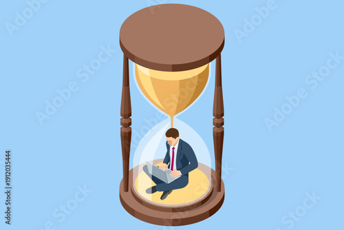 Isometric office worker with laptop inside hourglass. Time management, urgent task and project deadline concept.