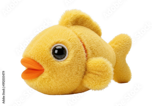 A soft and cuddly yellow plush toy fish with orange lips and a shiny black eye. isolated on transparent background