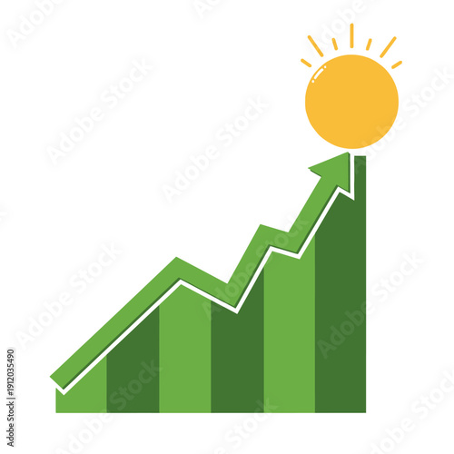 Green growth chart arrow pointing up towards sun, symbolizing success and profit