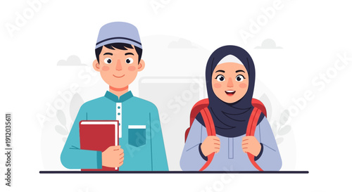 This flat design vector illustration depicts a happy Muslim children ready going to school, symbolizing learning, knowledge, and childhood education. 
