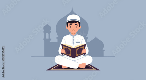 This flat design vector illustration depicts a happy Muslim boy engrossed in reading a Holy Quran, symbolizes faith, learning, knowledge, and worship of God.