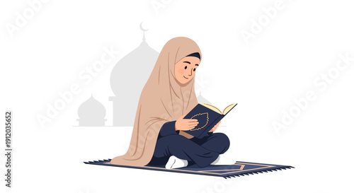 This flat design vector illustration depicts a happy Muslim girl engrossed in reading a Holy Quran, symbolizes faith, learning, knowledge, and worship of God.
