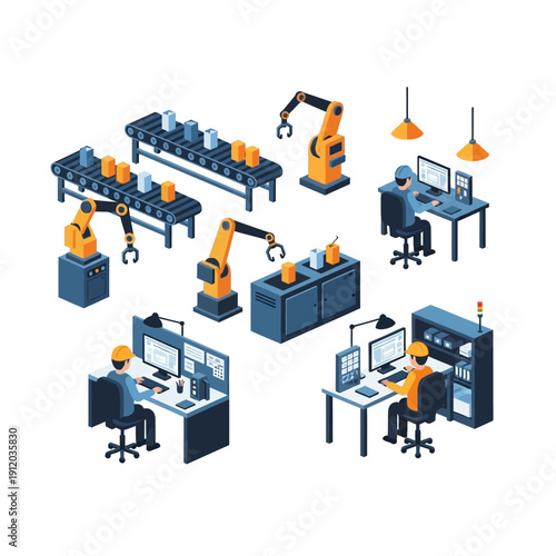 Automated Factory Production Line with Robotic Arms and Workers at Computers
