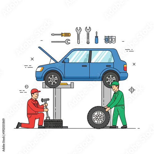Car repair service: mechanics fixing a blue car on a lift with tools and spare tire