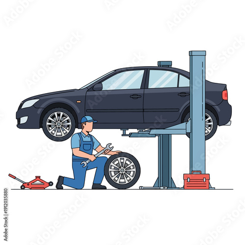 Mechanic changing car tire on lift, auto repair service, workshop, vehicle maintenance
