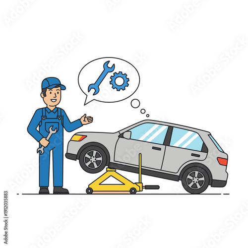 Car Mechanic Inspecting Vehicle on Jack Stand with Tools in Thought Bubble