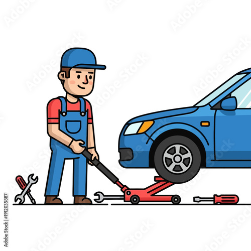 Mechanic Lifting Car with Jack, Tools Nearby