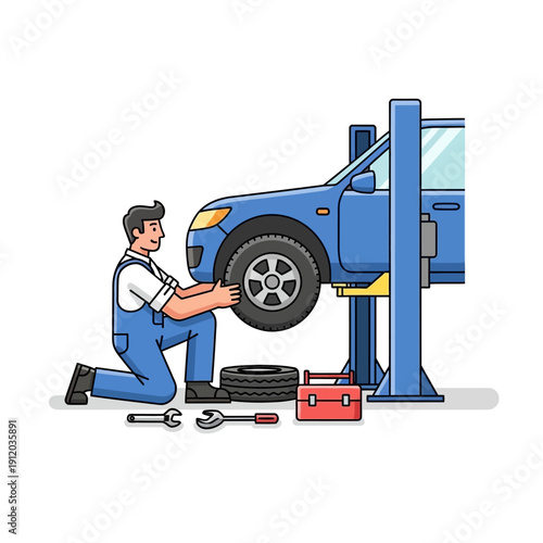 Mechanic changing car tire on lift in auto repair shop, tools and spare tire nearby