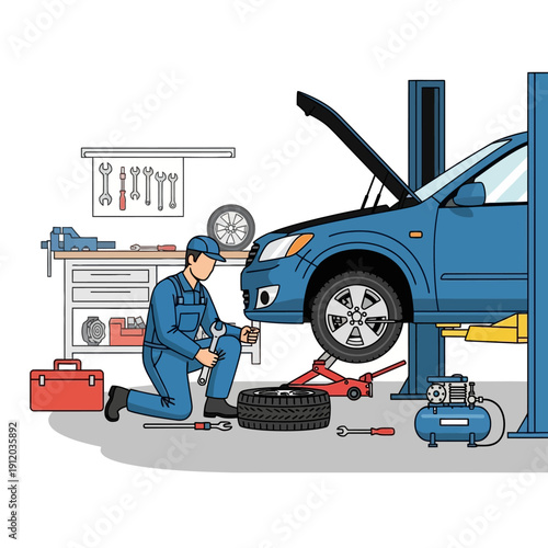 Mechanic repairing a blue car on a lift in a workshop, changing a tire