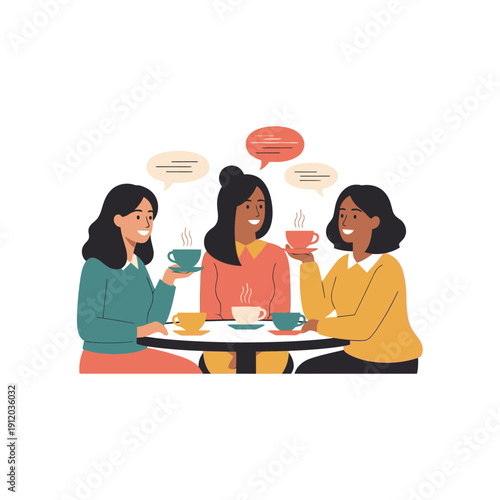 Three diverse women friends enjoying coffee and conversation at a cafe table