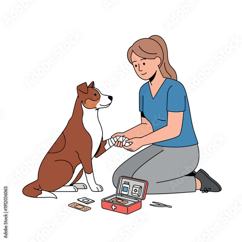 Woman bandaging injured dog's paw with first aid kit on floor, pet care concept