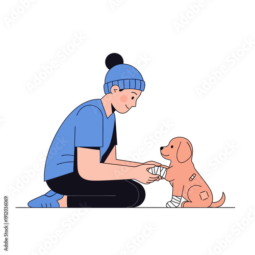 Caring person bandages injured puppy's paw, showing compassion and veterinary care