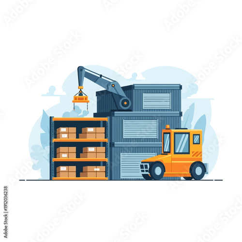 Warehouse Logistics: Crane Loading Containers, Forklift, and Shelves with Boxes