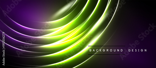 Abstract neon lines create dynamic curves. Purple, green hues blend into black background. Modern design element.