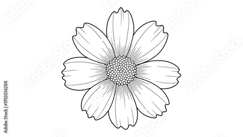 Black and white line art illustration of a single flower with multiple petals and a textured center, isolated on a white background.