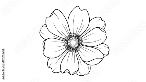 A simple black and white line drawing illustration of a single blooming flower on a white background.